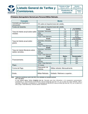 Listado General de Tarifas y Comisiones. - Banjercito