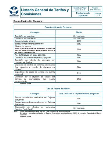 Listado General de Tarifas y Comisiones. - Banjercito