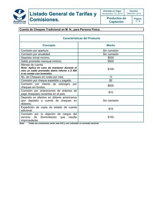 Listado General de Tarifas y Comisiones. - Banjercito