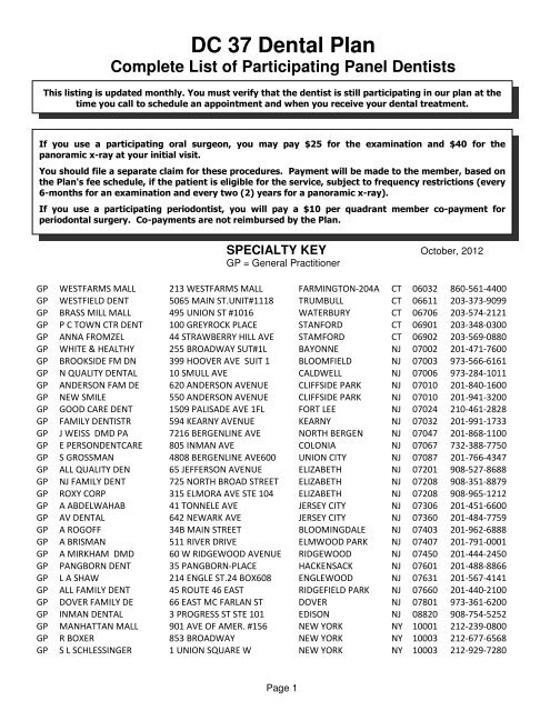 DC 37 Dental Plan Complete List of Participating Panel Dentists