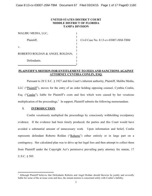 Doc 067 Pl Motion For Entitlement To Fees And Sanctions Against Attorney Conlin