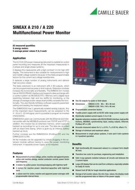 SINEAX A 210 / A 220 Multifunctional Power ... - Camille Bauer AG