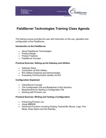 FieldServer Technologies Training Class Agenda