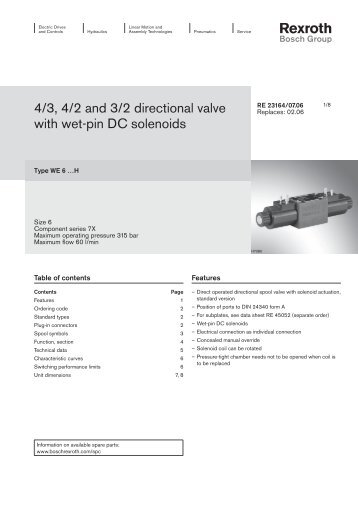 4/3, 4/2 and 3/2 directional valve with wet-pin DC solenoids