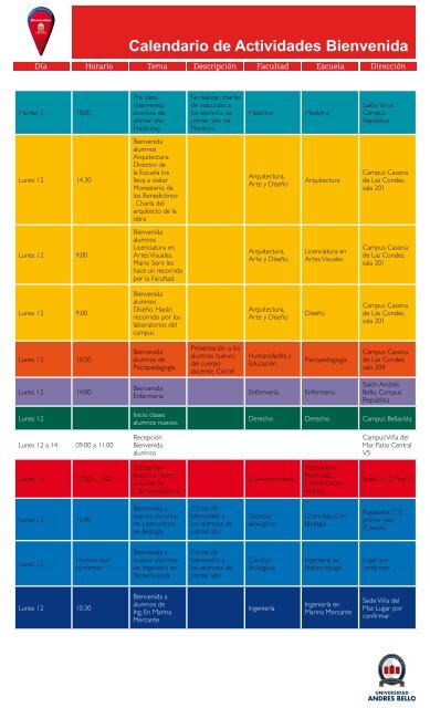 Calendario de Actividades Bienvenida - Universidad AndrÃ©s Bello