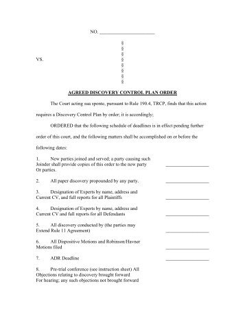 Agreed Discovery Control Plan Form