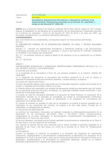 DisposiciÃ³n de la DirecciÃ³n General de Aduanas (DGA) NÂ° 34/1998