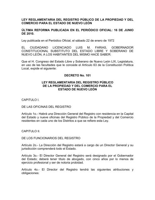 Ley Reglamentaria Del Registro Publico De La Propiedad Y Del