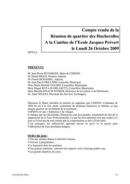 Compte rendu de la RÃ©union de quartier des Hucherolles ... - Chinon