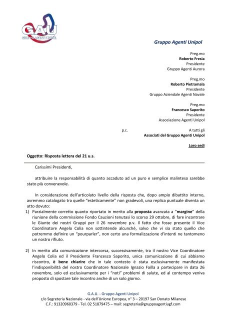 Risposta lettera del 21 novembre 2012 - Gruppo Agenti UNIPOL