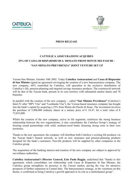 press release cattolica assicurazioni acquires 25 of cassa di