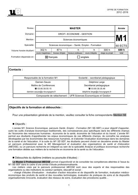 Fiche filiÃ¨re du M1 Sciences Ã©conomiques parcours santÃ©, emploi ...