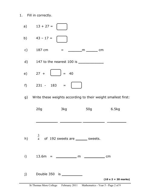 half yearly exam maths year 5 2010-2011 - St Thomas More College