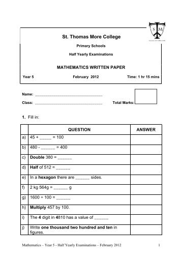 year 5 maths written - St Thomas More College