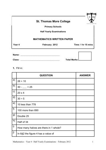 year 4 maths written - St Thomas More College