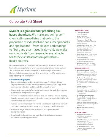 Corporate Fact Sheet - Myriant