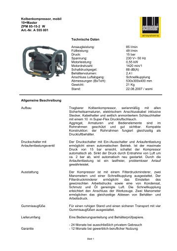 Kolbenkompressor, mobil 10+Master ZPM 85-15-2 ... - Dt-druckluft.de