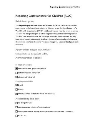 Reporting Questionnaire for Children (RQC) - CAMH Knowledge ...