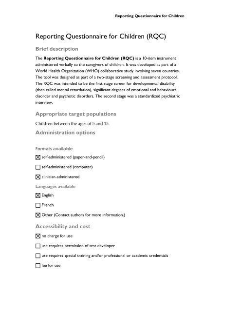 Reporting Questionnaire for Children (RQC) - CAMH Knowledge ...