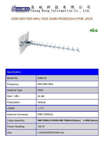 GSM 900/1800 MHz YAGI 24dBi+RG58(20m)+FME JACK