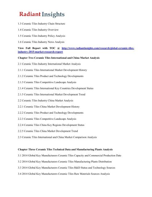 Global Ceramic Tiles Market Size, Share, Growth, Trend & Forecast to 2015: Radiant Insights, Inc
