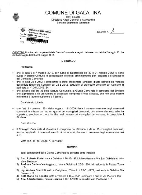 Decreto di nomina - Comune di Galatina