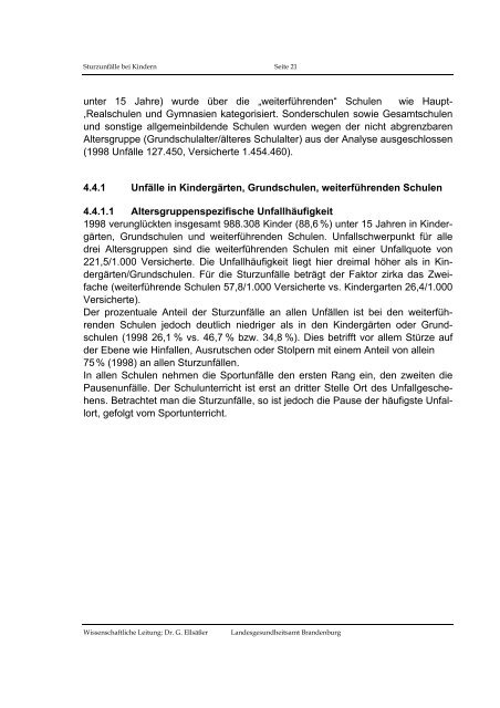 Epidemiologische Analyse von Sturzunfällen im Kindesalter (<15 ...