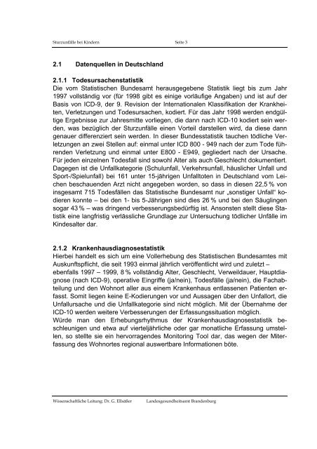 Epidemiologische Analyse von Sturzunfällen im Kindesalter (<15 ...