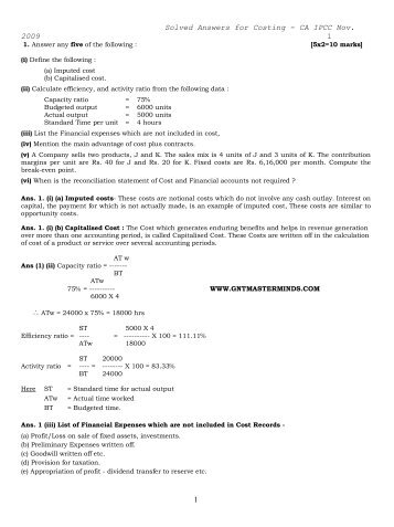 Solved Answers for CostingÐ°Ð½Ð°CA IPCC Nov. 2009 1 1 - Master Minds