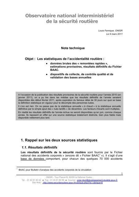 Note explicative sur les données définitives et ... - Sécurité routière