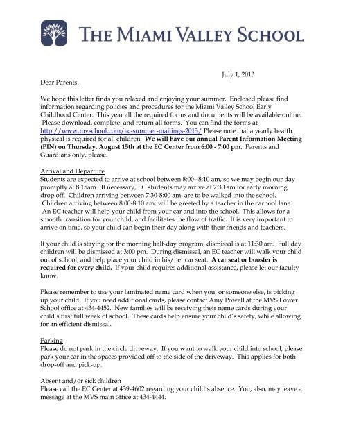 Letter from Head of Early Childhood Julie Patel - The Miami Valley ...