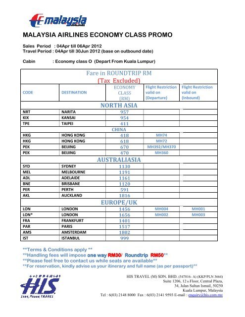 MALAYSIA AIRLINES ECONOMY Fare in ROUND ECONOMY ...