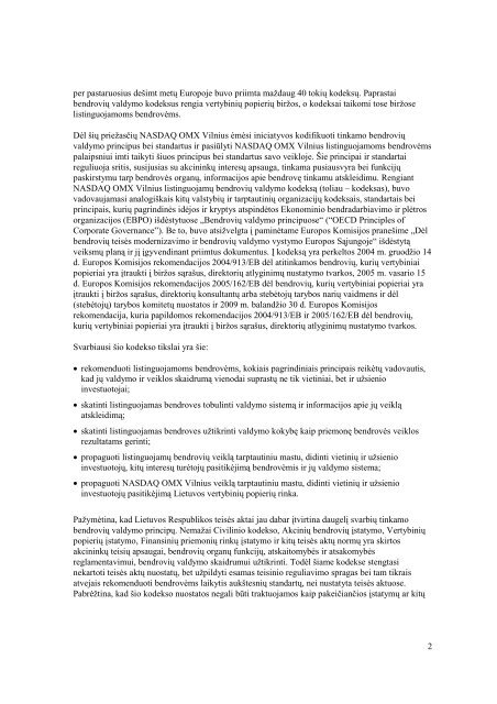 BendroviÅ³ valdymo kodeksas - NASDAQ OMX Baltic