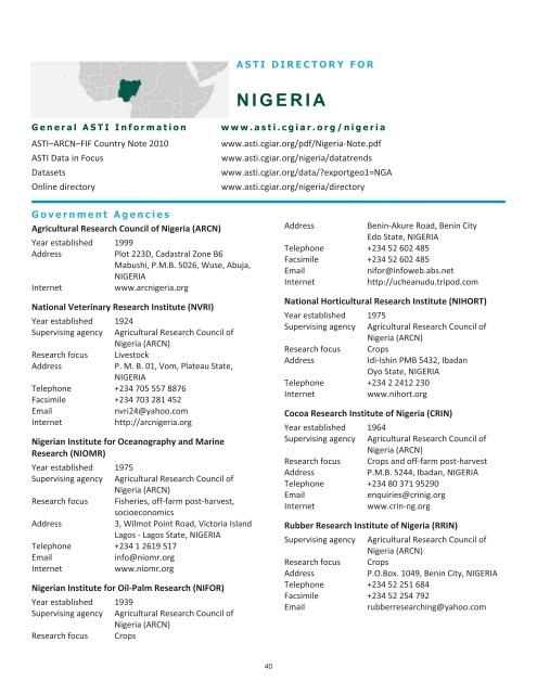 ASTI Directory of Agricultural R&D Agencies in 31 African ... - cgiar
