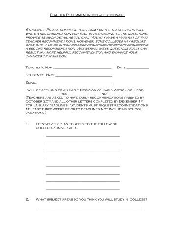 Teacher Recommendation Questionnaire - International School of ...
