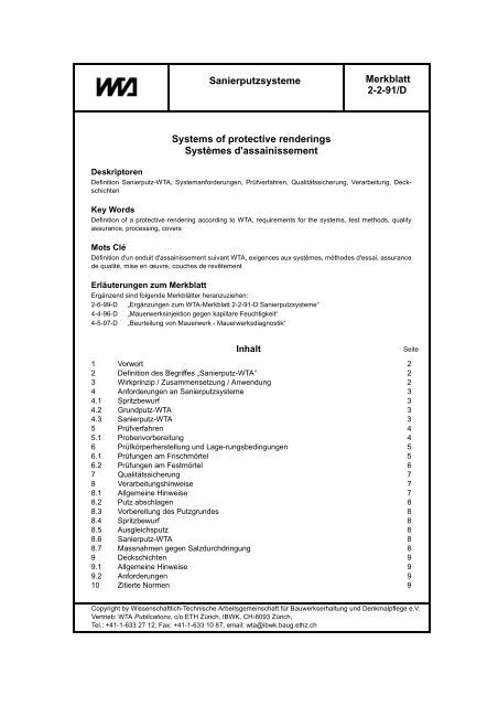 Sanierputzsysteme. WTA Merkblatt 2-2-91/D. Referat 2 ...