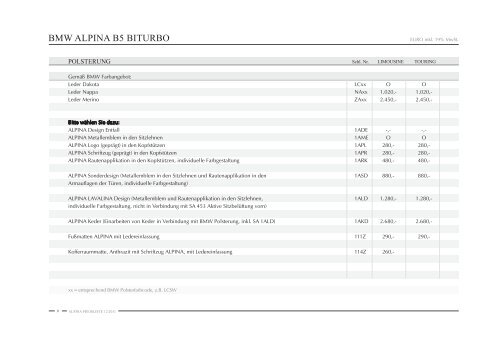 Preisliste Alpina B5, 12/2011 - BMW Alpina
