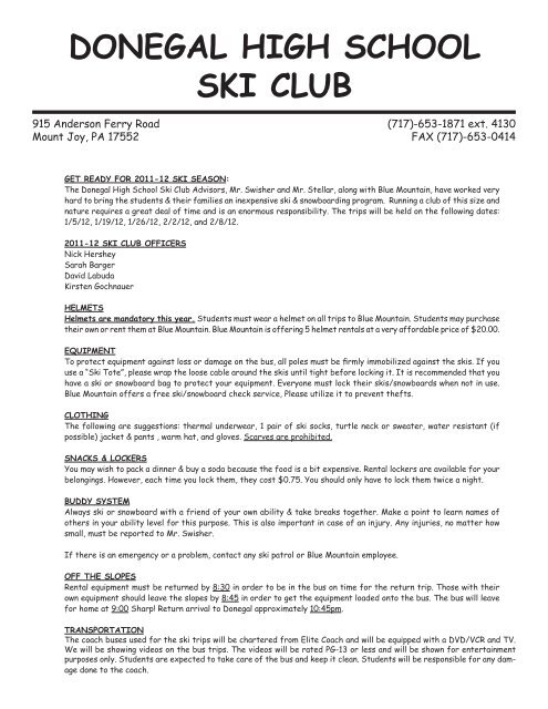 Donegal High School Ski Club 2011-12 Blue Mountain Trip Form