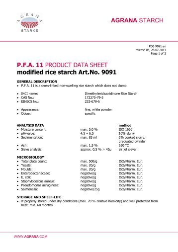 AGRANA STARCH P.F.A. 11 PRODUCT DATA SHEET modified rice ...