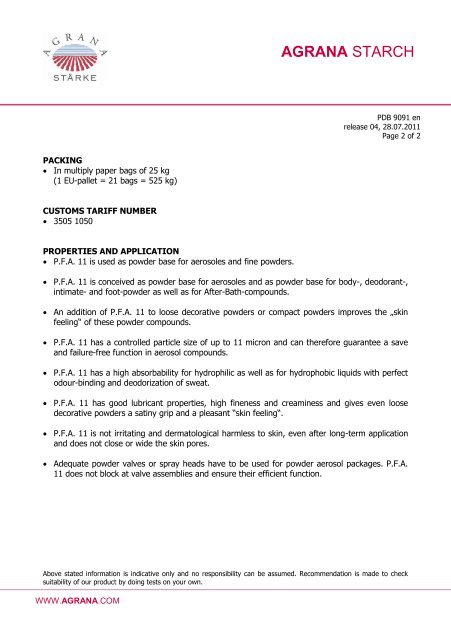 AGRANA STARCH P.F.A. 11 PRODUCT DATA SHEET modified rice ...