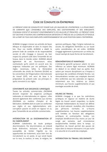 CODE DE CONDUITE EN ENTREPRISE - AGRANA