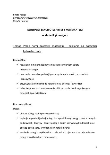 Konspekt lekcji matematyki w klasie II gimnazjum