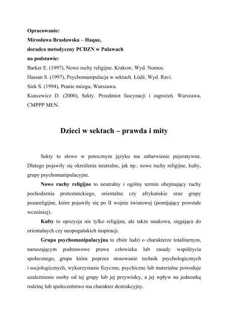 Dzieci w sektach – prawda i mity (Mirosława Brasławska – Haque ...