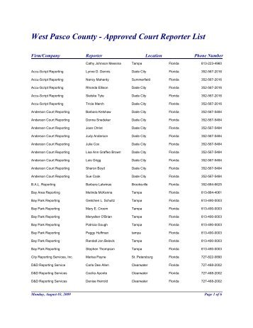 West Pasco County - Approved Court Reporter List