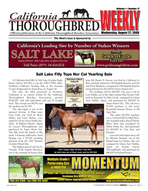 Salt Lake Filly Tops Nor Cal Yearling Sale - California ...