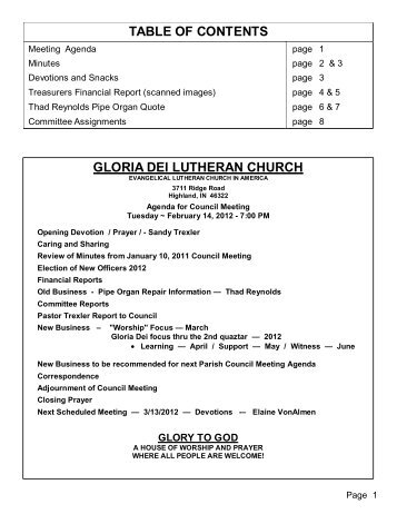 gloria dei lutheran church table of contents - Glory 2 God/ Highland, IN