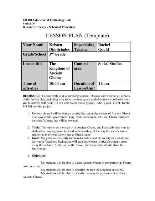 LESSON PLAN (Template) - ED101 - Boston University