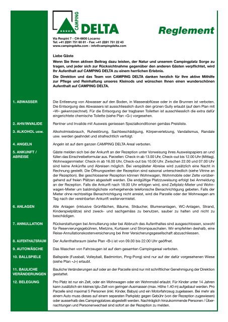 Reglement - Camping Delta Locarno Switzerland Ticino