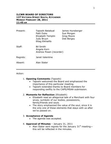 ILCWR Board of Directors Meeting Minutes, February 28, 2011