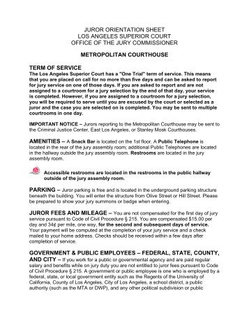 JUROR ORIENTATION SHEET - Superior Court of California ...